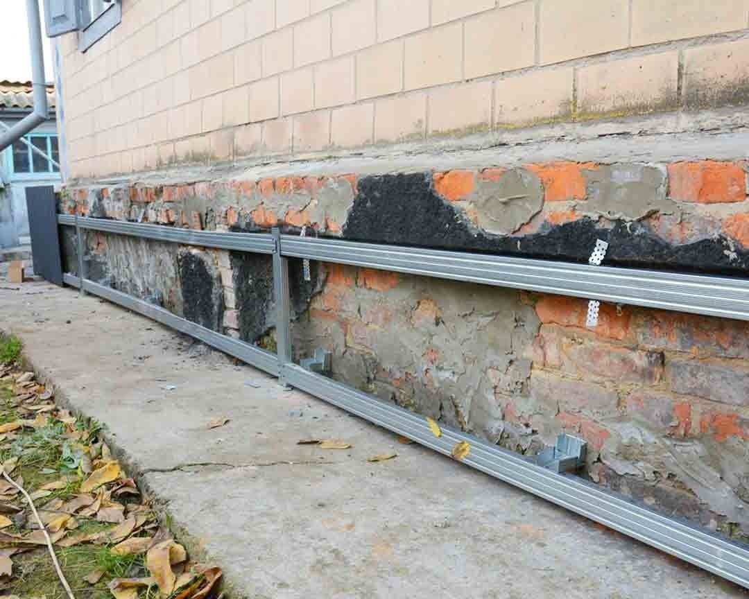 Concrete foundation with metal braces